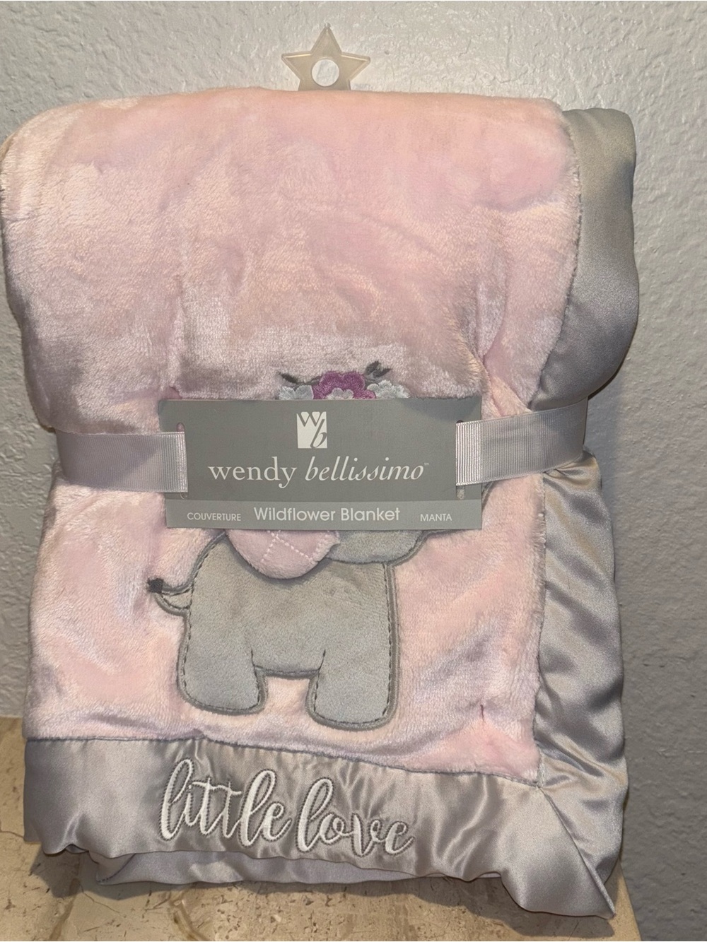 Wendy Bellissimo Baby Blanket Pink Gray Elephant Little Love Satin Trim Lovey